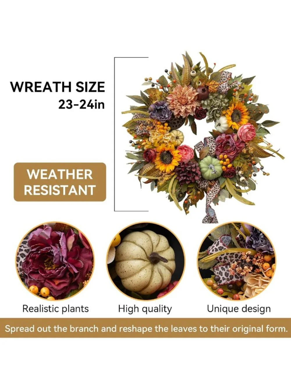 24-Inch Autumn Front Door Wreath with Pumpkins & Sunflowers - Fall Decor